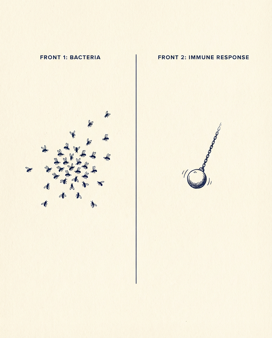 Illustration of the two causes of gum disease: bacteria and the body's immune response