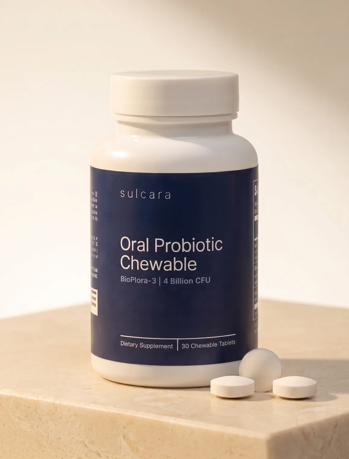 Sulcara chewable oral probiotic tablet and bottle